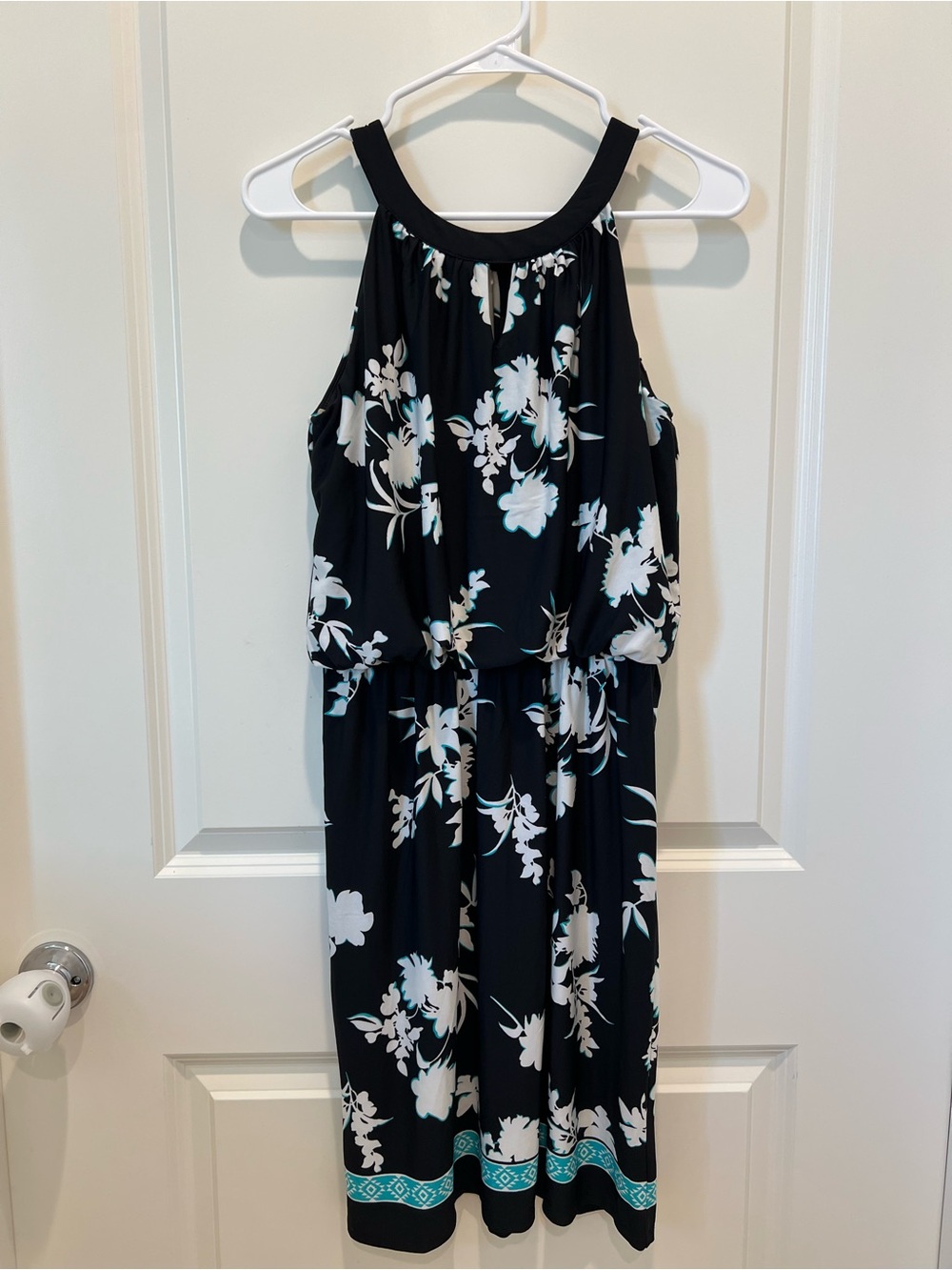 Black Floral Halter Midi Dress with Teal Border